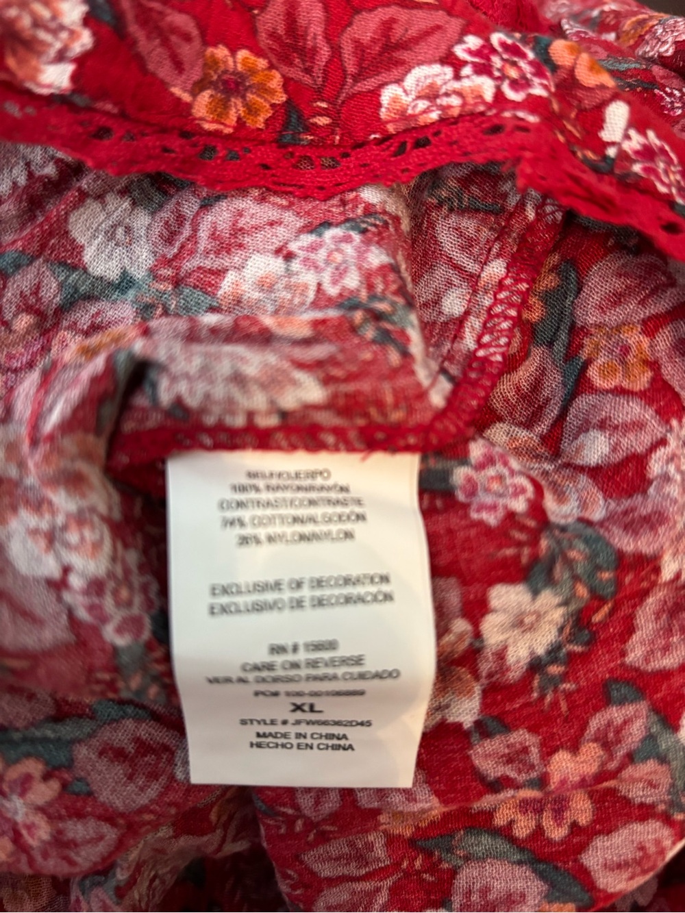 Women's Red Floral Lace Yoke Peasant Blouse - Picture 5 of 14